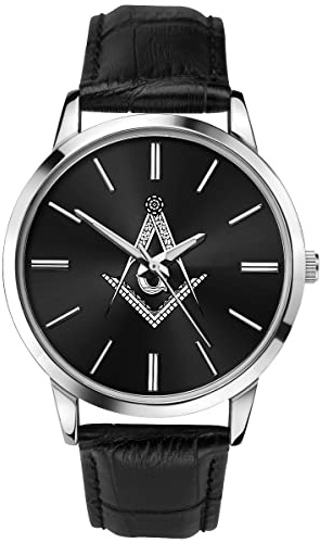 Sekonda Herren-Armbanduhr Freimaurer, analog, Quarz, schwarzes Zifferblatt, schwarzes Lederarmband 90094