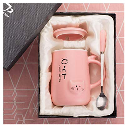 Taza de café Taza de café de cerámica con Tapa y Cuchara Preciosa Taza en Forma de Gato 3D Tazas de Agua/té/Leche (Rosa)