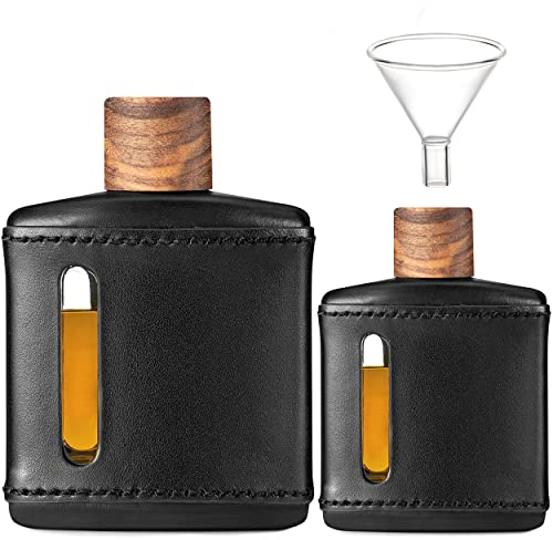 Handgefertigte Echtleder-Flachmann für Likör für Männer, Glas-Whiskeyflasche mit Trichter und Holzdeckel, Premium-Flachmann-Set, Geschenkidee für Männer und Frauen (100 ml + 200 ml)