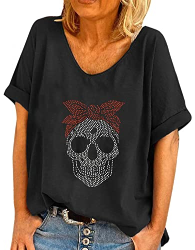 Halloween Kostüm Shirt Damen Oversize Shirt Totenkopf Glänzend Strass Tshirt Lose Kurzarm Schwarz Bluse Oberteile Tops Glitzersteine Damenblusen T-Shirt Bar Party Karneval Punk Top Shirts