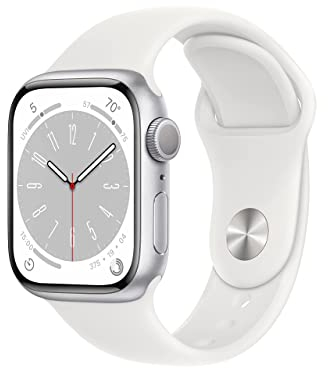 Apple Watch Series 8 (GPS, 45mm) Smartwatch - Aluminiumgehäuse Silber, Sportarmband Weiß - Regular. Fitnesstracker, Blutsauerstoffund EKGApps, Always-On Retina Display, Wasserschutz