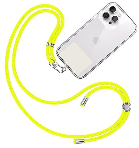 TBOC Cordón Correa Cuerda Universal [Amarillo Flúor] Colgar Funda Teléfono Móvil en Cuello - Cinta Cadena Colgante con Parche [Blanco Ice] de Plástico - Cuerdas Colgador Lanyard Enganche Porta Móviles