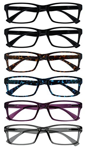 OPULIZE PEP Classic Reading Glasses for Women Men, Scratch Resistant Rectangular Frame with Spring Hinges, Black, Brown, Blue, Purple, Grey, +3.5 (Pack of 6)