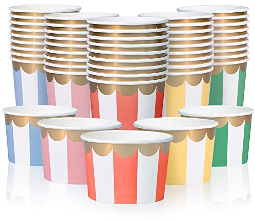 MATICAN Paper Ice Cream Cups - 50-Count 9-Oz Disposable Bowls for Desserts & Soups - Pastel Stripes with Gold Foil