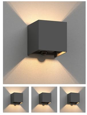 ledscom.de 4 Stück Wandleuchte CUBEL, Bewegungsmelder, für außen, anthrazit, IP65, Up & Downlight, quadratisch + LED Lampe 501lm, warmweiß