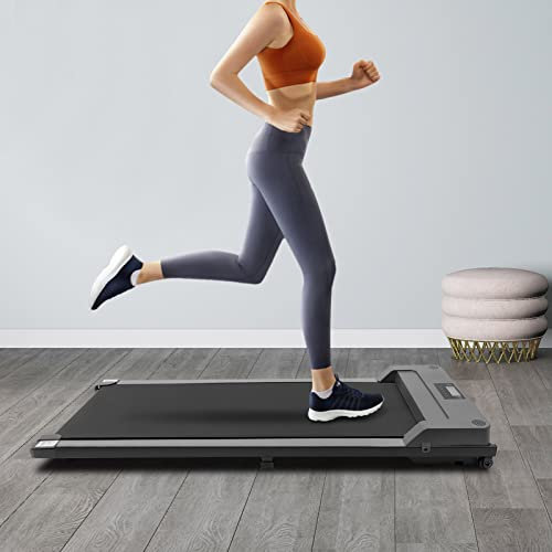 Motorisiertes Laufband, Motorisierte Flache Laufbänder mit Fernbedienung, LED-Display, Walking Treadmill für Zuhause Büro Fitnessstudio, Ohne Installation (Grau)