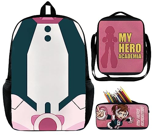 Jilijia Anime My Hero Academia Rucksack 3-teiliges Schulranzen-Set MHA Bedruckter modischer Rucksack Umhängetasche Federmäppchen für Schüler Kinder Teenager, Uraraka Ochako, 45×33×14 cm,