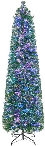 GYMAX 180 cm Albero di Natale Slim, con Luci Fibre Ottiche, 517 Rami in PVC, Folto e Realistico, Base Pieghevole in Metallo, Montaggio Facile, Verde