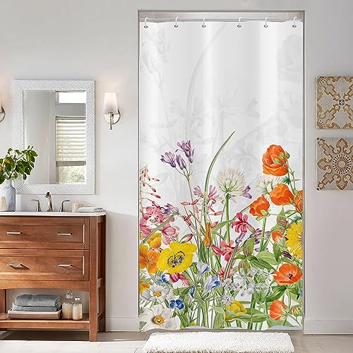 ASDCXZ Blume Duschvorhang 90x180 cm, Frhling Lila Gelb Orange Blau Rose Blumen Bltter Bad Waschbar Schmal Duschvorhnge mit sen Polyester Textil Wasserdicht Duschvorhang fr Badewanne mit 6 Haken