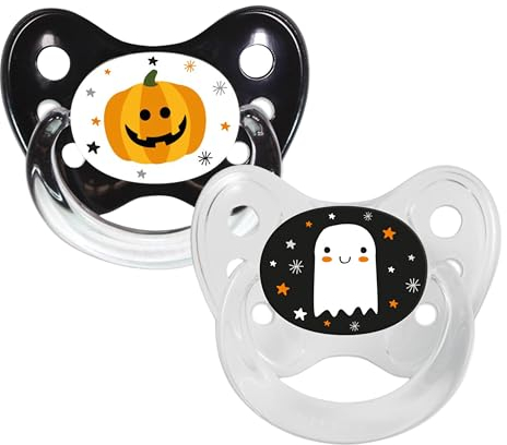 Dentistar Silikon Schnuller 2er-Set - Größe 3 ab 14 Monate - Zahn- & kieferfreundlicher Nuckel mit Dental-Stufe – BPA-frei – Made in Germany - Kürbis und Geist