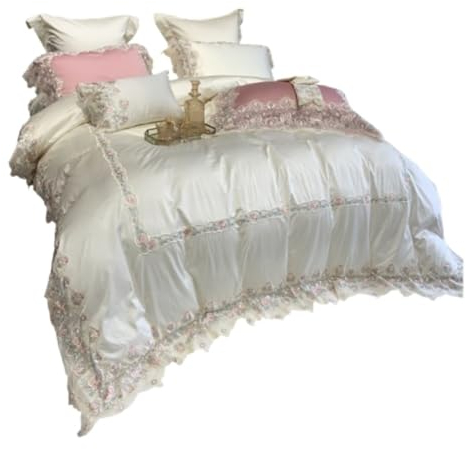 DRMEE Bettwäsche Bettset, Spitze, Prinzessinnenwind, Baumwolle, Vierteiliges Set, Hautfreundliches Bettwäsche-Set Für Hochzeit Und Braut Bettwäsche-Set (Color : White, Size : 1.5m Bed)