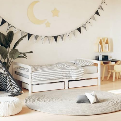 Gecheer Kinderbett mit Schubladen Hausbett Bett Holzbett Bettgestell Weiß 80x160 cm Massivholz Kiefer