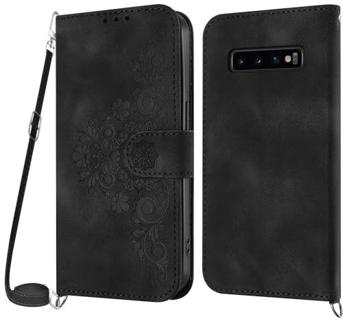 Netany Handykette Hülle für Samsung Galaxy S10 Plus, Handyhülle für Samsung S10 Plus Hülle mit Kette Klappbar, PU Leder Necklace Klapphülle und Umhängeband Lanyard Flip Schutzhülle mit Band (Schwarz)