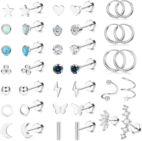 JeweBella 19Pairs Kleine Ohrringe Chirurgenstahl Damen Knorpel Helix Piercings Ohrstecker Hypoallergen CZ Stern Mond Flatback Ohrringe Set Creolen Silber Piercing Ohrstecker für Mehrere Ohrlöcher