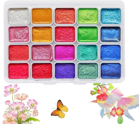 LONTOM Watercolour Paint Set, 20 Colors Metallic Watercolour Paints, Pearlescent Watercolour Paint Set with Palette, Portable Travel Water Colour Paints Sets for Painting, Clay Colouring, Nail Art