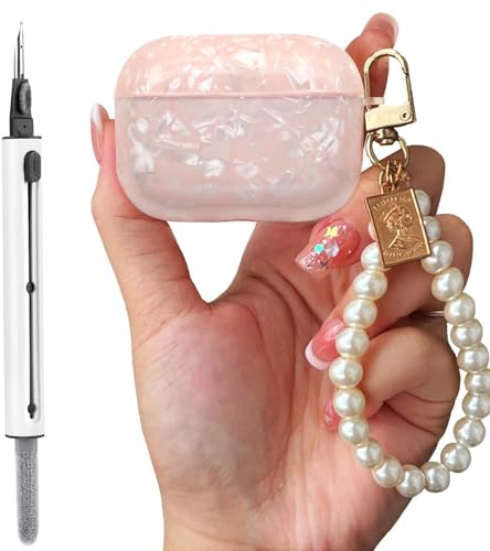 Mezrkuwr Kompatibel mit AirPods Pro 2 Pearl Schlüsselanhänger Hülle mit Reinigungsset, niedliche glitzernde stoßfeste TPU Abdeckung für Mädchen und Frauen, Rosa