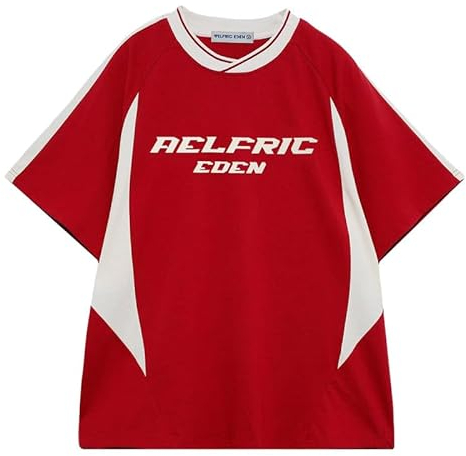 Aelfric Eden Herren T-Shirts Oversized Unisex Jersey Vintage Fußball Trikot Baggy Tshirt für Sommer Rot XL