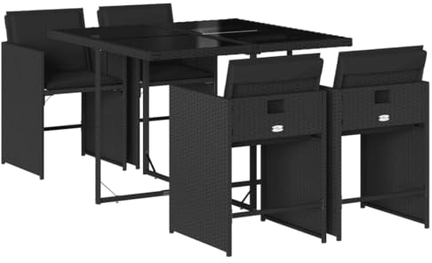 vidaXL Garten Essgruppe 5-TLG., Gartenmöbel Set mit Kissen, Gartengarnitur Tisch 4 Stühle, Sitzgruppe Sitzgarnitur, Schwarz Poly Rattan