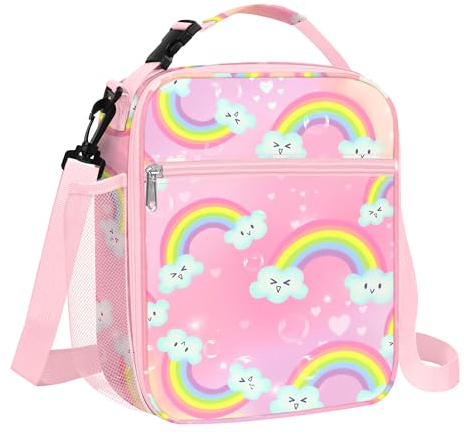 Clastyle Rosa Regenbogen Isolierte Lunchtasche Kinder, Klein Kühltasche für Mädchen mit Flaschenhalter, Wasserdichte Brotzeittasche für Picknick Schulen