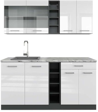 Vicco Singleküche R-Line, Küchenzeile Single, Weiß Hochglanz/Anthrazit, 160 cm, AP Marmor