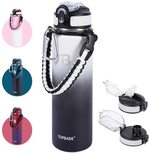 TOPBADE Bouteille isotherme en acier inoxydable avec couvercle à paille et bec verseur, poignée en paracorde, anti-fuite, sans BPA, pour sport, école et cadeau, 710 ml