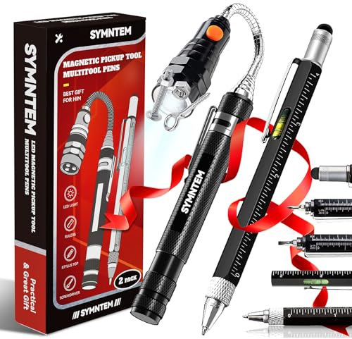Stocking Stuffers Magnetic Pickup Tool with Flashlight and 6 in 1 Multitool Pen,Christmas Gifts Cool Gadgets Gifts for Men, Dad, Husband，Black