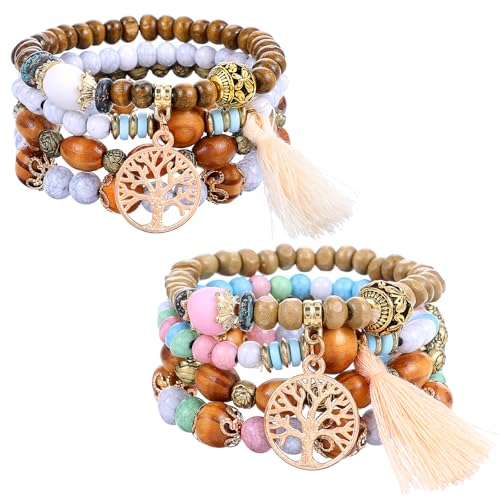 AOZUO 8 Piece Boho Multi Layer Wooden Beaded Bracelet, Elastic Tassel Bohemian Bracelet, Tree of Life Charm Jewellery for Women Christmas Birthday Gift