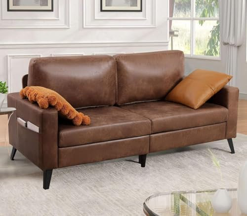 YODOLLA 200cm Sofa Couch, Large 2 Seater Sofa Modern 3 Seater, Faux Leather Sofa for Living Room Office,Hotel,Bedroom (Saddle Brown)