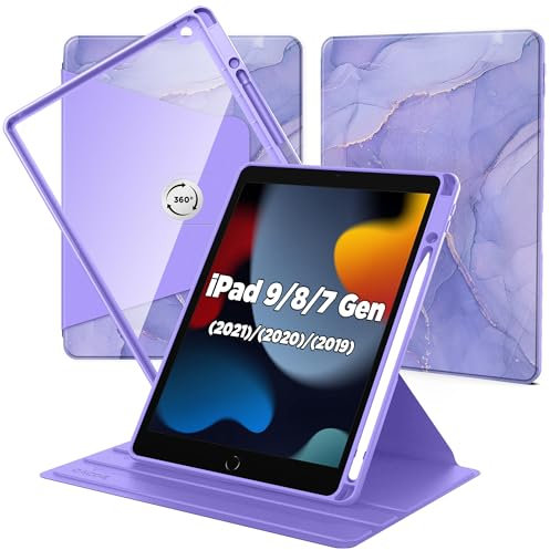 CACOE Custodia per iPad di 9a/8a/7a generazione con portamatite 2021/2020/2019 da 10,2 pollici, supporto girevole a 360 gradi, copertura antiurto per iPad 9/8/7 generazione, viola