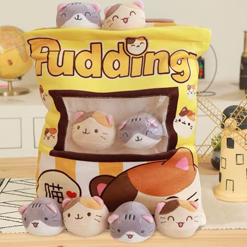MeHoo Katze Plüsch Kissen, Pudding Peluche, Kätzchen Pudding Kissen, SnackKissen Kuscheltier, Reißverschluss Design, Abnehmbar, Gefüllt mit kleinen Puppen innen (Gelbe Katze)