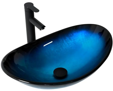 Lofeyo Blaues Glasbecken mit Wasserhahn und Ablaufgarnitur, moderne Bootsform, für Badezimmer, künstlerisches Waschbecken, Badezimmer-Gefäß, Spüle über der Theke, kleines 15,2 cm tiefes, ovales