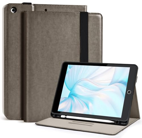 4UBonLife Custodia per iPad 9a/8a/7a Generazione 10,2 Pollici 2021/2020/2019 con portapenne, Cover Folio in Pelle con Supporto multi-angolari, Smart Cover Tasca Documenti, Grigio