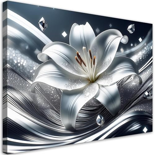 Feeby Leinwand Bilder - Silberne Lilie Blume - Vlies 120x80 cm - Deko Wohnzimmer - Wandbilder Schlafzimmer - Deko Aesthetic - Wand Deko - Leinwand Groß - Deko Zimmer - Leinwandbilder XXL