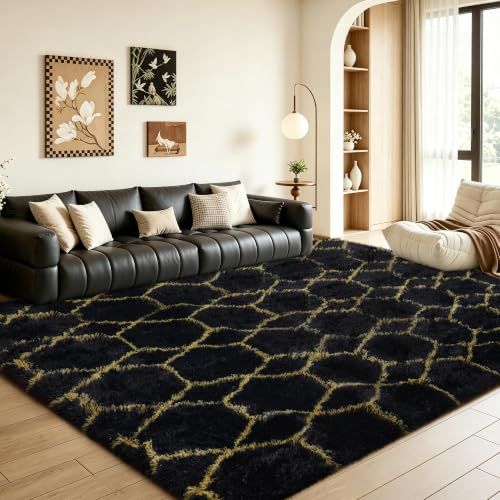 BYBSRLL Geometrischer Teppich für Wohnzimmer, 240 x 300 cm, groß, schwarz und goldfarben, Schlafzimmer-Teppiche für Kinderzimmer, Schlafsaal, Lounge-Dekoration, dicker, weicher, flauschiger Plüsch,