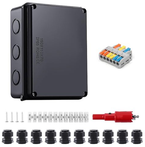 Aufputz Abzweigdose, 150 x 110 x 70 mm Verbindungsdose, Schwarz IP65 Anschlussdose, Ø 6-12 mm mit Terminal und Montagezubehör, für Keller, Garagen