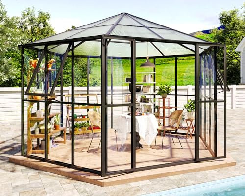 Jocisland Serre hexagonale de 3,7 x 3 x 2,4 m avec connecteurs rapides, serre pour extérieur de jardin avec 2 aérations, grande serre en aluminium avec 2 portes battantes, noir