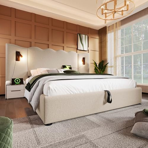 Zepneiy Lit 180x200 avec Sommier LED et USB C, Lit Coffre 180x200 avec Espace de Rangement et tête de lit, Lit Double avec à Lattes en métal, Lit Rembourré Cadre de lit 180x200 Beige (sans Matelas)