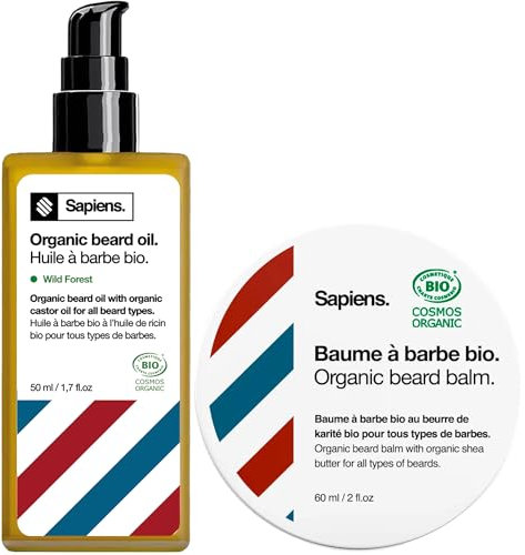 Sapiens Bartpflege Set für Männer – Bio-zertifiziert – Bartöl 50 ml + Bartbalsam 60 ml – Natürliches Bartöl mit Rizinusöl – Fördert Bartwuchs & spendet Feuchtigkeit