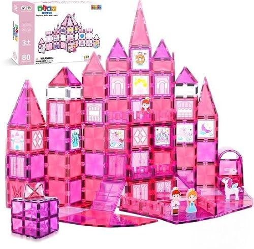 Olvy Magnetische Bausteine STEM Spielzeug Magnetbausteine ab 3 Jahre | 80 Teile | Prinzessin Schloss Thema | Für Traum-Schlösser | Magnet-Konstruktionsspielzeug