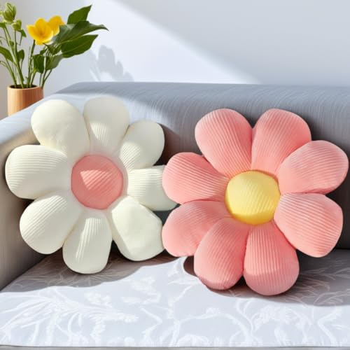 Lighterday Blumenkissen Rosa und Weiß 40CM,Blumen Kissen Sitzkissen Outdoor Indoor,8 Blütenblätter,Blumen Sofakissen Stuhlkissen,Kissen Blume Kuschelkissen für Zimmer Deko Couch (Rosa + Weiß, 38cm)