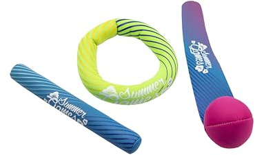 SUMMER GAMES Neopren Tauchset, 3-teilig, Wasserring 13 cm, Tauchstab 23 cm, Ball mit Schweif 28 cm, Blau-Grün-Pink