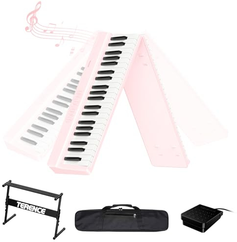 TERENCE Folding Keyboard Piano 88-key piano keyboard with Z-stand Portable semi-weighted keyboard 10W speaker Built-in recording function Bluetooth MIDI interface Suitable for adults(Pink)
