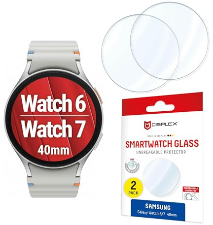 Schutzfolie mit Glasoberfläche für Galaxy Watch 7/6 (40 mm) (9H), 2 Stück | DISPLEX Smart Watch Glass, unzerbrechlich, kratzfest, randlos, ultra-dünn, kristallklar, Anti-Fingerprint, Made in Germany