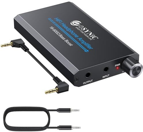 eSynic 16-600Ω Amplificatore per Cuffie Professionale con Interruttore Bass e Jack 3.5mm, Amplifier per Auricolari Ricaricabile da Type-C con Cavi Audio 12cm+100cm, Bass Ear Amp in Lega Alluminio