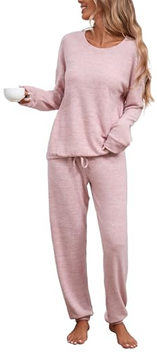 Famulily Women Pullover Pyjamas Set Plain Drop Shoulder Shirts and Elastic Jogger Pants Trendy Matching Set Pink L