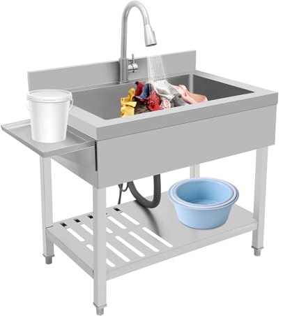 Fregadero de Cocina Independiente, 90x60x90 cm, Acero Inoxidable, Grifo extraíble, Lavabo portátil para Catering con Grifo extraíble, Lavabo portátil para Restaurante, lavandería, Garaje, Exterior