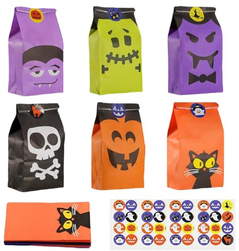 Axvxby 24 Stück Halloween Süßigkeiten Tüten Papiertüten Geschenktüten Set mit Stickern für Kindergeburtstag Party Hochzeit 18x10x6cm Candy Tüten