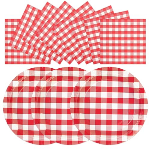 HFBOBP 50PCS Red Gingham Paper Plates and Napkins Set, 7Inch Red and White Checkered Party Supplies Disposable Plaid Dessert Dinner Party Set Cutlery for Baby Shower Birthday Wedding, Serve 25