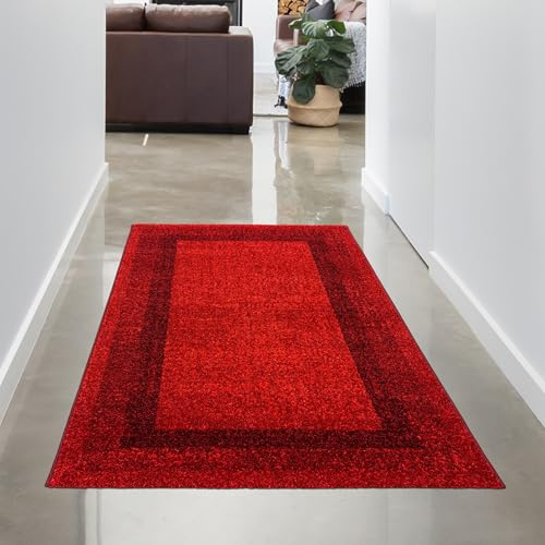 CARPETIA Kurzflor Teppich Flur Küche Läufer modern strukturiert pflegeleicht mit Bordürenoptik allergikerfreundlich flach gewebt Oeko-TEX Zertifiziert weich robust Rot 80 x 150 cm