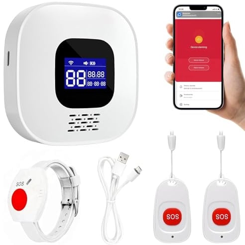 Tuya Wifi Smart Personal Alarms for Elderly, Sos Call Panic Button Alert | for Elderly Seniors Patient Disabled Handicapped with 1 Receiver, 2 Call Buttons and 1 Bracelet
